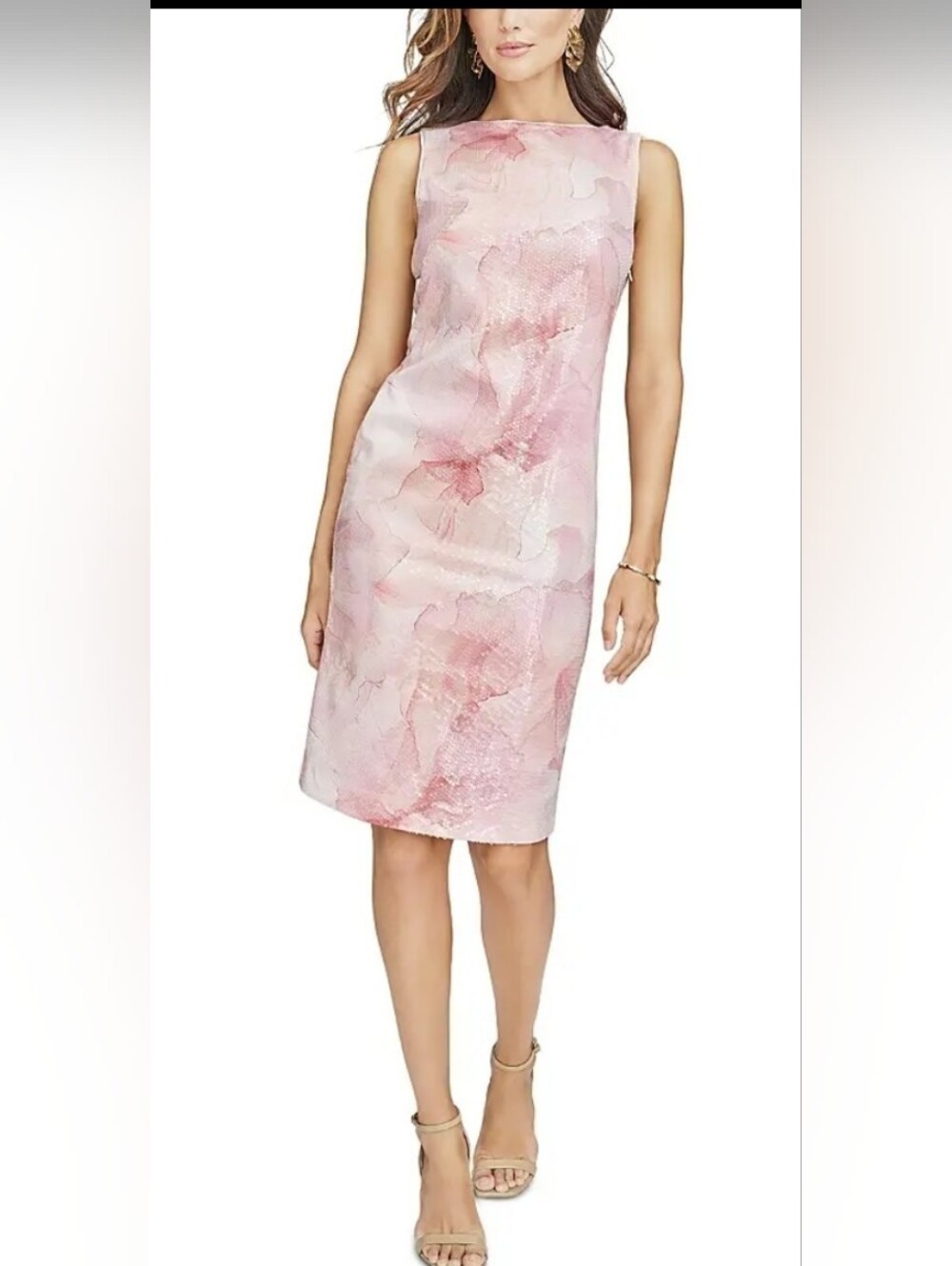 NWT, Donna Karan Sequin Sleeveless Pink Floral Sheath Dress.Size 10